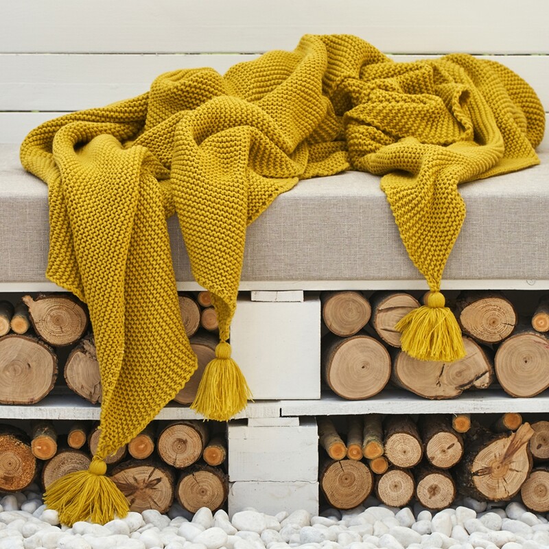 

Tassel Decor Knitted Blanket, Mustard yellow