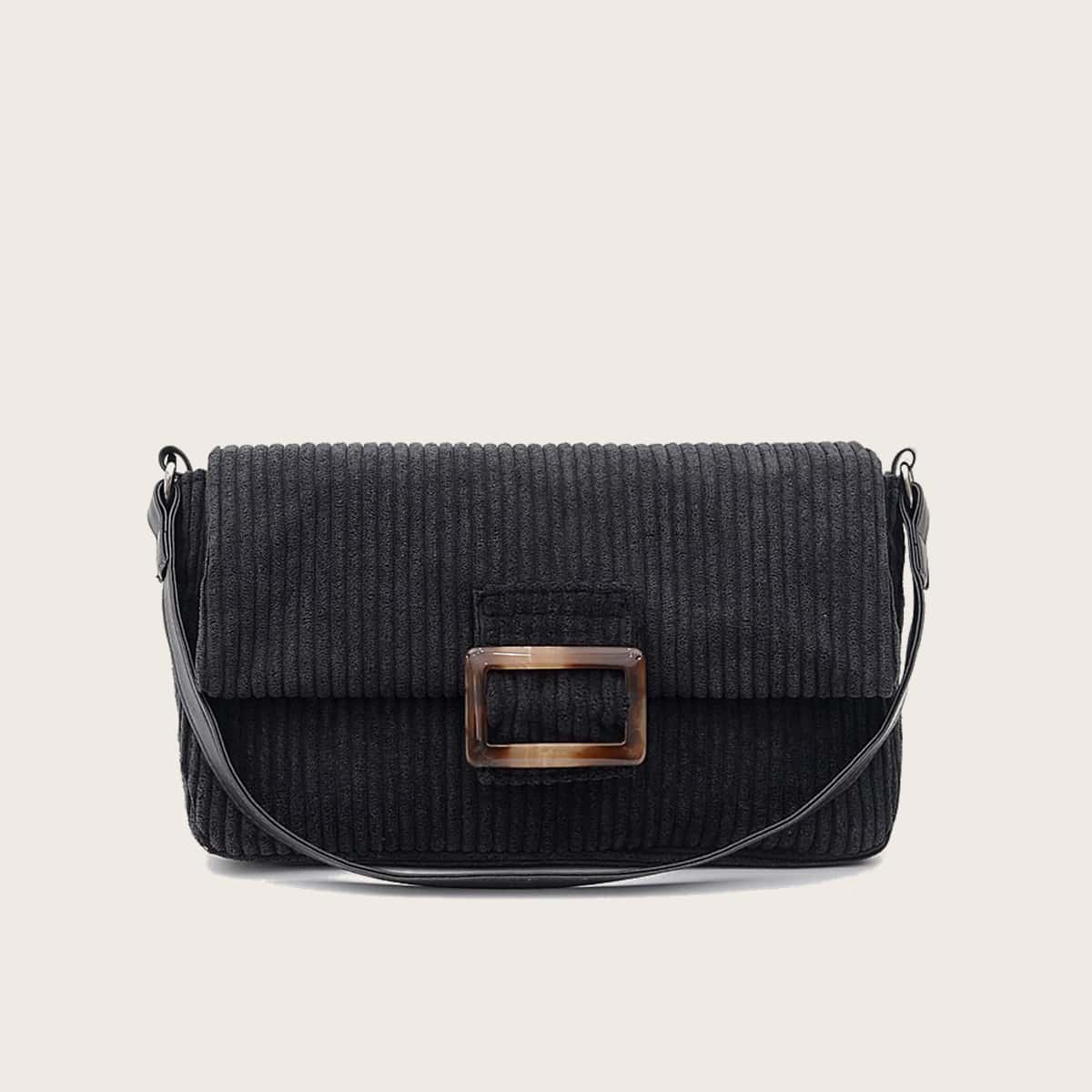Buckle Corduroy Baguette Bag, Black