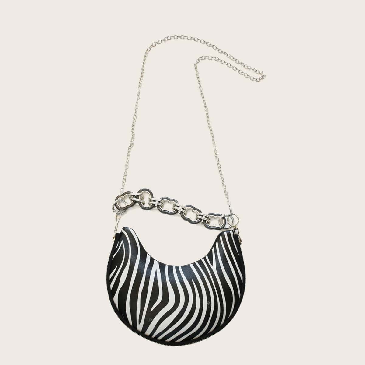 

Zebra Striped Moon Shaped Chain Bag, Black and white