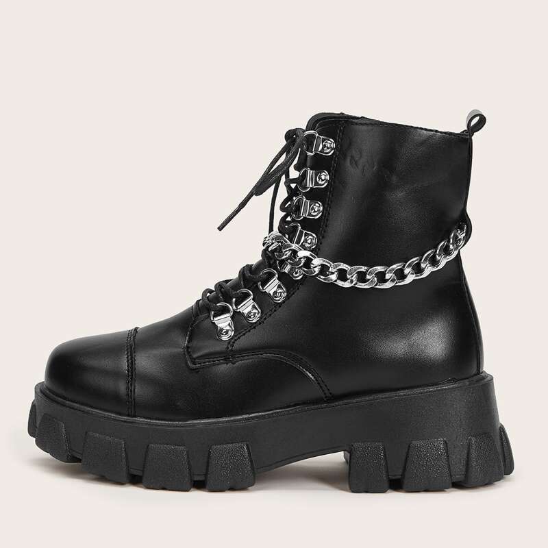 

Chain Decor Lace-up Front Combat Boots, Black