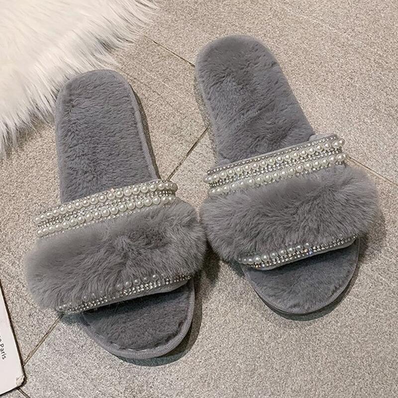 

Faux Pearl Decor Fluffy Slippers, Grey