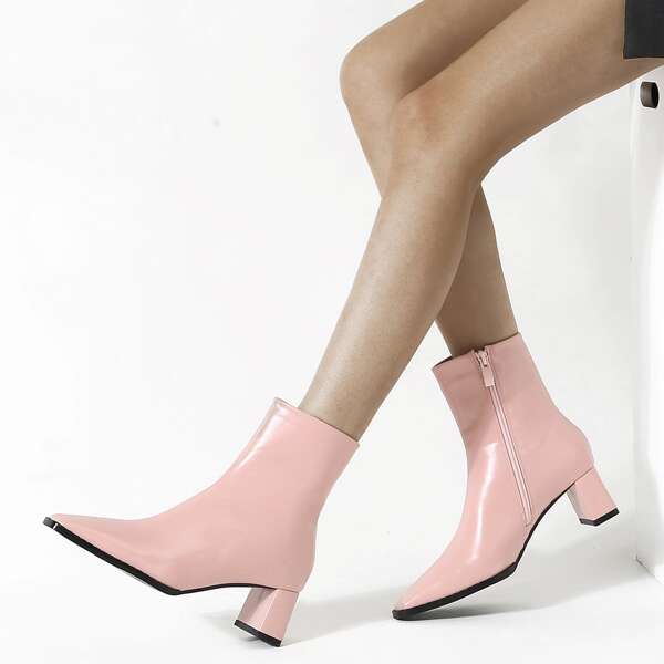 

Square Toe Chunky Heeled Ankle Boots, Baby pink
