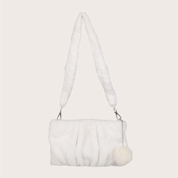 

Pom Pom Decor Fluffy Shoulder Bag, White