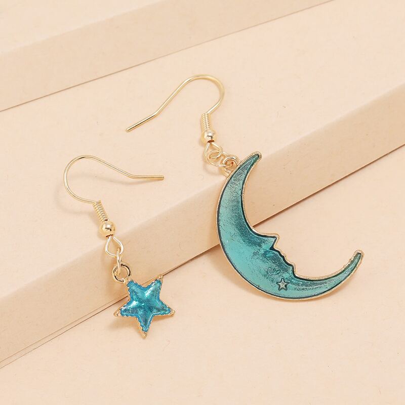 

Star & Moon Design Drop Earrings, Blue