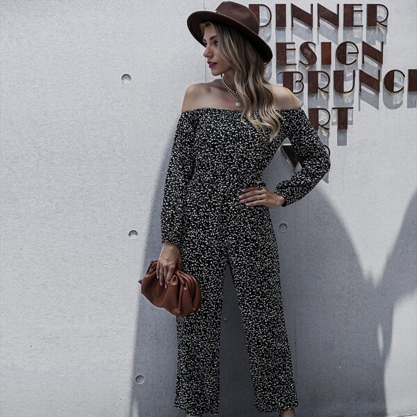 

Allover Print Off Shoulder Belted Jumpsuit, Black