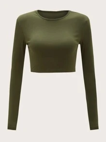 SHEIN BASICS Top crop algodón unicolor - Verde militar - Ver 6