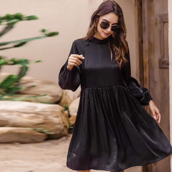 

Solid Raglan Sleeve Smock Dress, Black