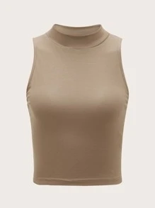 SHEIN BASICS Top corto tank unicolor de cuello alto - Camel - Ver 6
