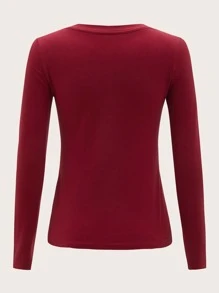 SHEIN BASICS 含棉V領合身素色T恤 - 紫紅色 - 查看 7