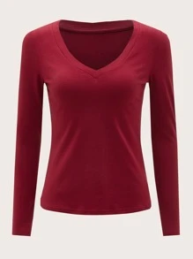 SHEIN BASICS 含棉V領合身素色T恤 - 紫紅色 - 查看 6