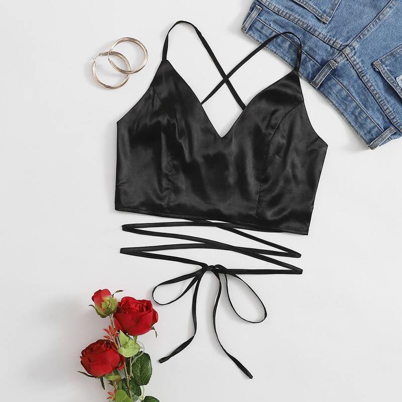

Satin Solid Tie Back Crop Cami, Black