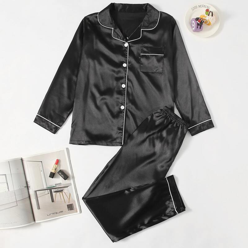 

Letter Graphic Contrast Piping Satin PJ Set, Black