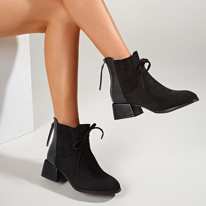 

Tie Front Suede Ankle Boots, Black