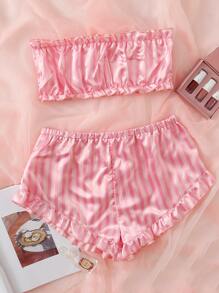 緞面條紋褶邊抹胸上衣和短褲睡衣套裝 - 粉色 - 查看 1