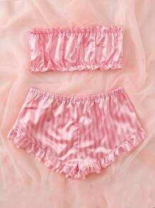 緞面條紋褶邊抹胸上衣和短褲睡衣套裝 - 粉色 - 查看 3