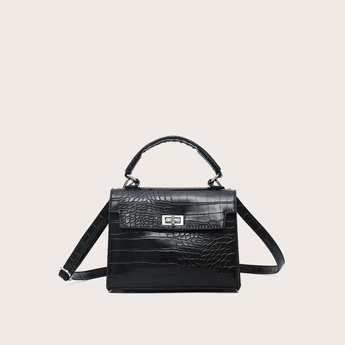 

Croc Embossed Satchel Bag, Black
