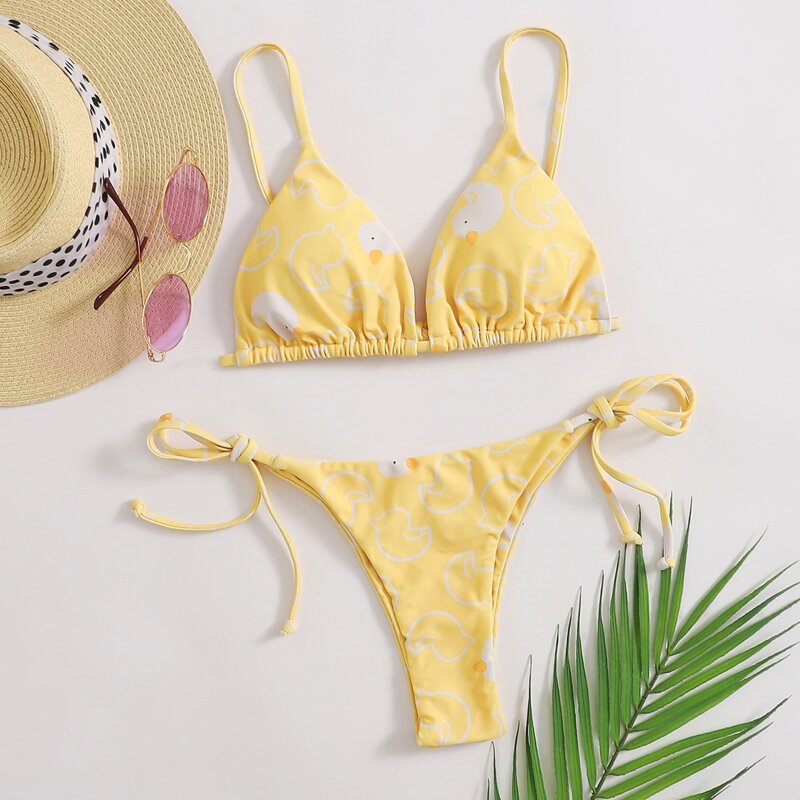

Cartoon Duck Triangle Thong Bikini Swimsuit, Yellow