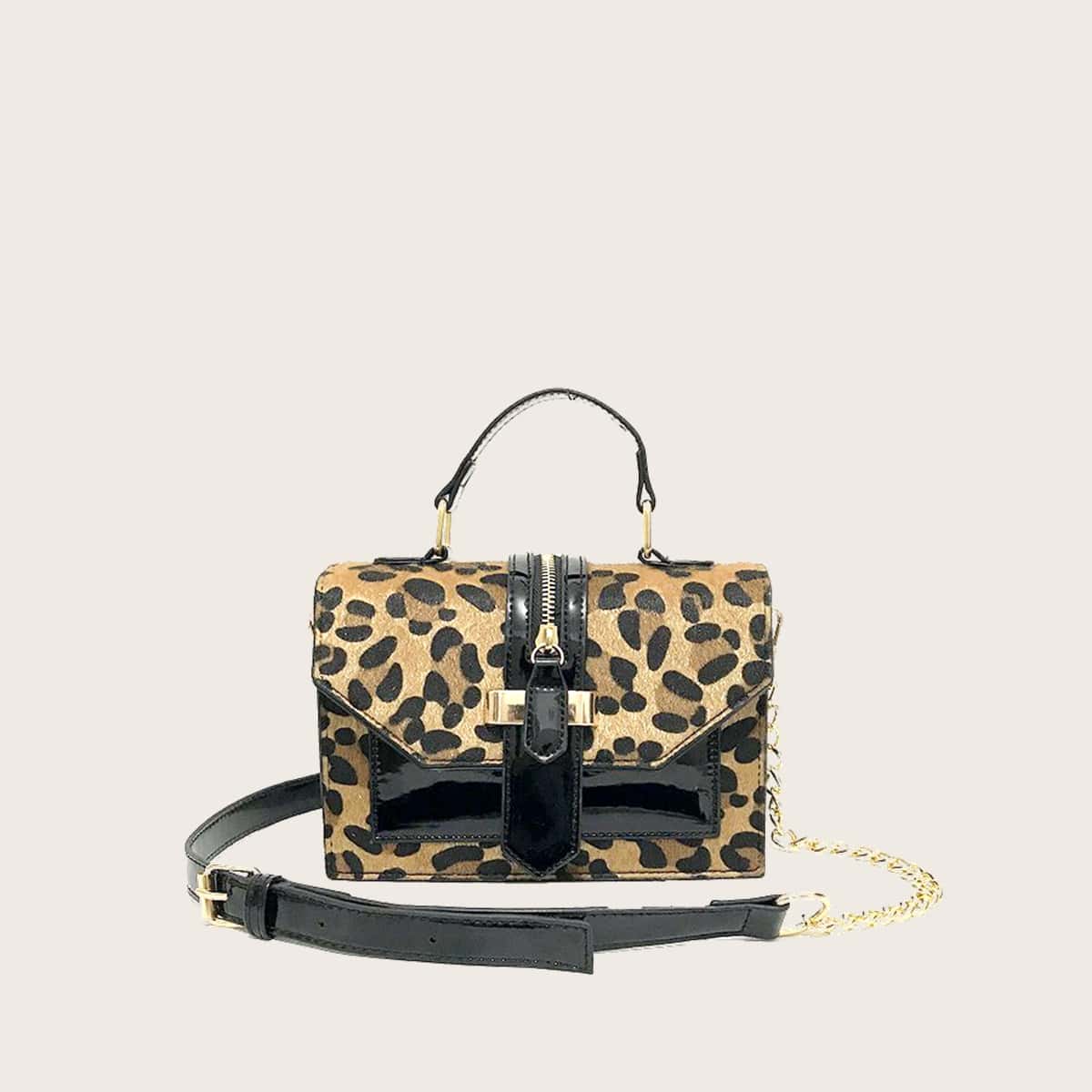 

Leopard Buckle Satchel Bag, Multicolor