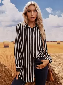SHEIN LUNE Striped Button Through Longline Blouse Fall Cloth For Women - Black and White - View 1