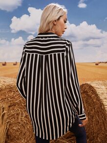 SHEIN LUNE Striped Button Through Longline Blouse Fall Cloth For Women - Black and White - View 2