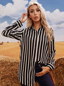 SHEIN LUNE Striped Button Through Longline Blouse Fall Cloth For Women - Black and White - View 3
