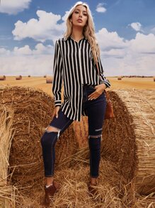 SHEIN LUNE Striped Button Through Longline Blouse Fall Cloth For Women - Black and White - View 4