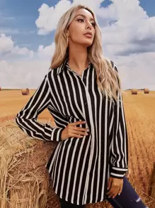 SHEIN LUNE Striped Button Through Longline Blouse Fall Cloth For Women - Black and White - View 5