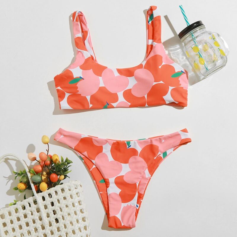 

Allover Heart Print Tank Bikini Swimsuit, Multicolor