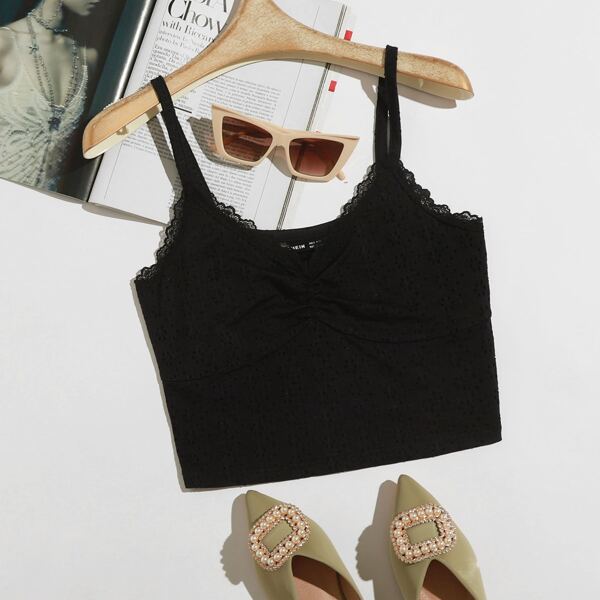 

Contrast Lace Ruched Cami Top, Black