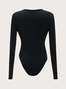 SHEIN BASICS Plunge Neck Solid Fitted Bodysuit - Black - View 7
