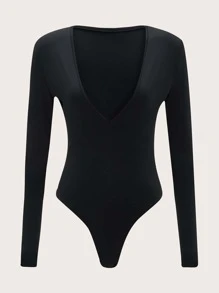 SHEIN BASICS Plunge Neck Solid Fitted Bodysuit - Black - View 6