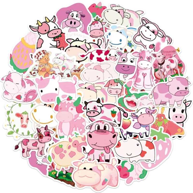

50pcs Cartoon Cow Print Sticker, Pink