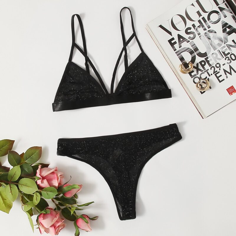 

Glitter Mesh Harness Lingerie Set, Black