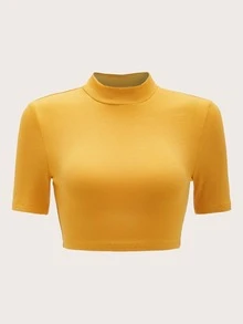 SHEIN BASICS 小高領羅紋針織短版上衣 - 黃色 - 查看 6