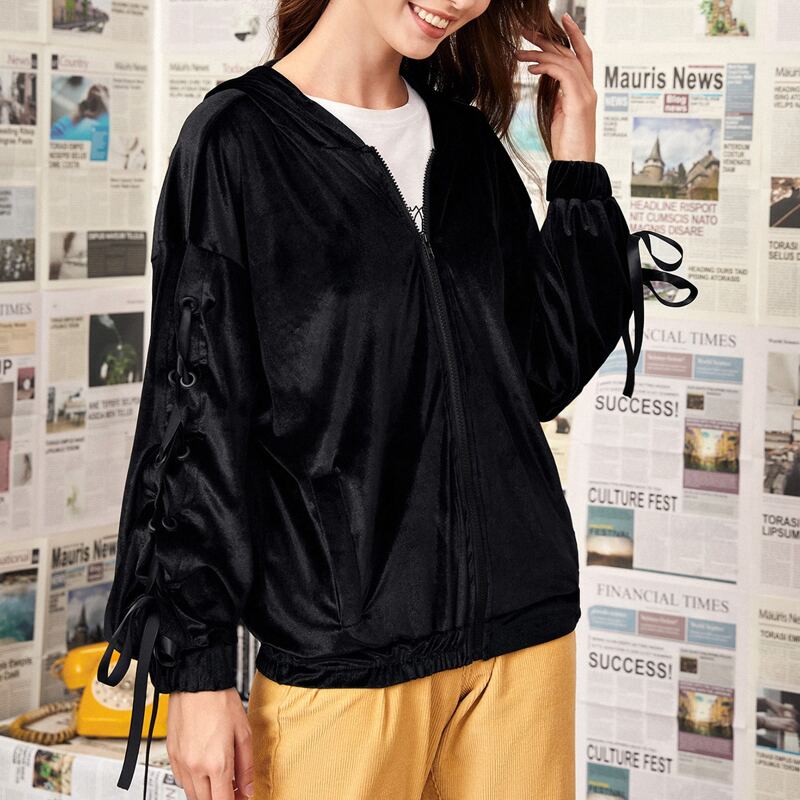 

Solid Lace Up Hooded Velvet Jacket, Black