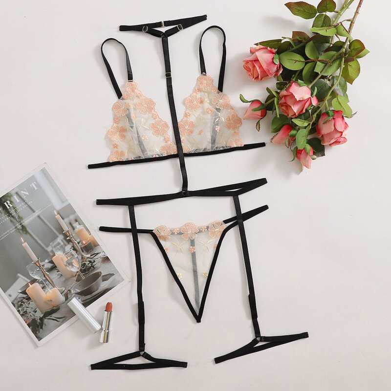 

Floral Embroidery Garter Lingerie Set With Choker, Multicolor