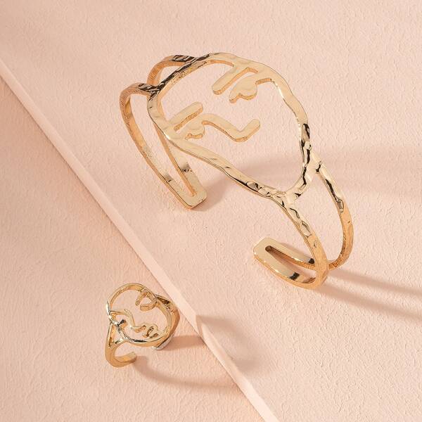 

1pc Face Design Cuff Ring & 1pc Bangle, Gold