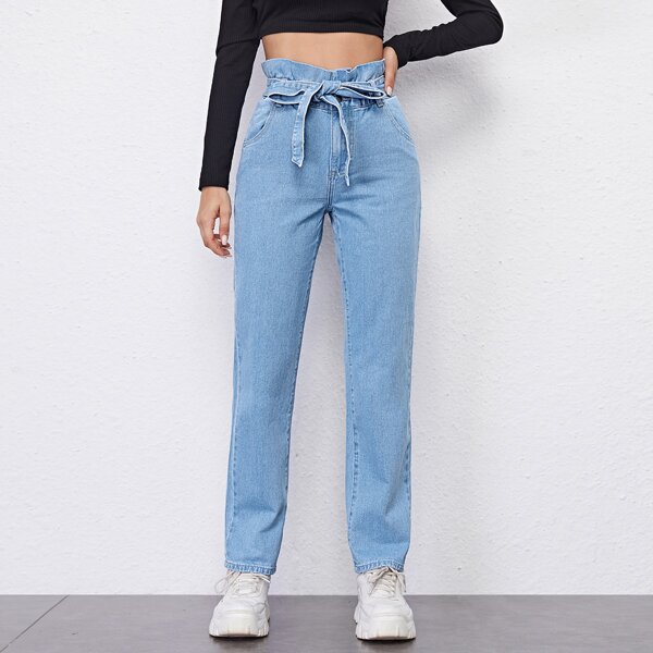 

Paperbag Waist Belted Straight Jeans, Light wash