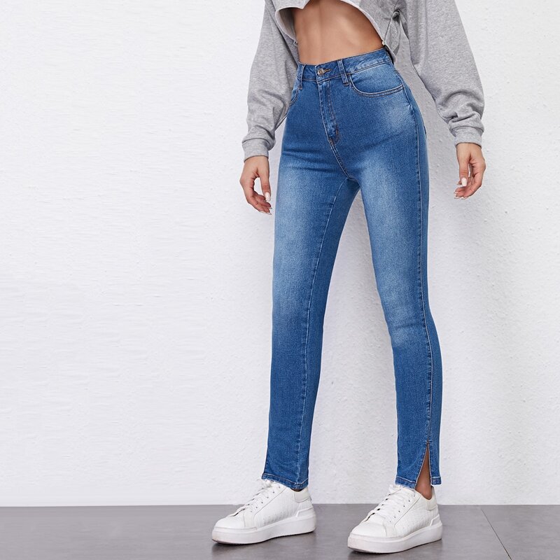 

High Waist Split Side Skinny Jeans, Medium wash