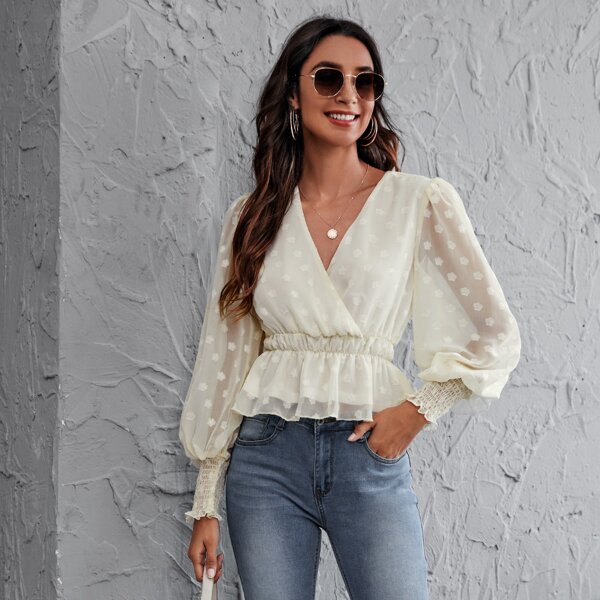

Shirred Cuff Jacquard Mesh Peplum Top, Beige