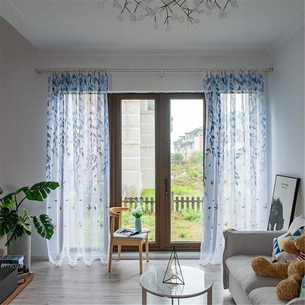 

Leaf Print Single Panel Sheer Curtain, Blue