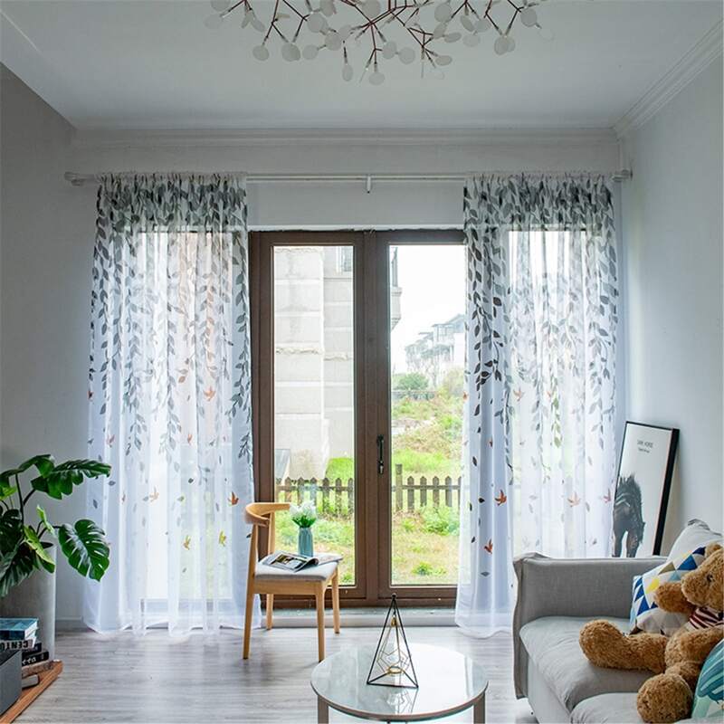 

Leaf Print Single Panel Sheer Curtain, Grey