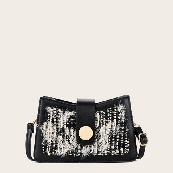 

Rhinestone Decor Contrast PU Crossbody Bag, Black