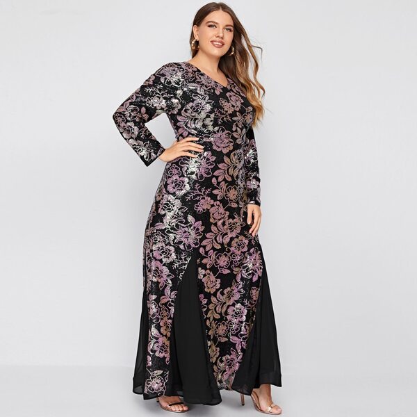 

Plus V-neck Sequin Floral Godet Dress, Multicolor