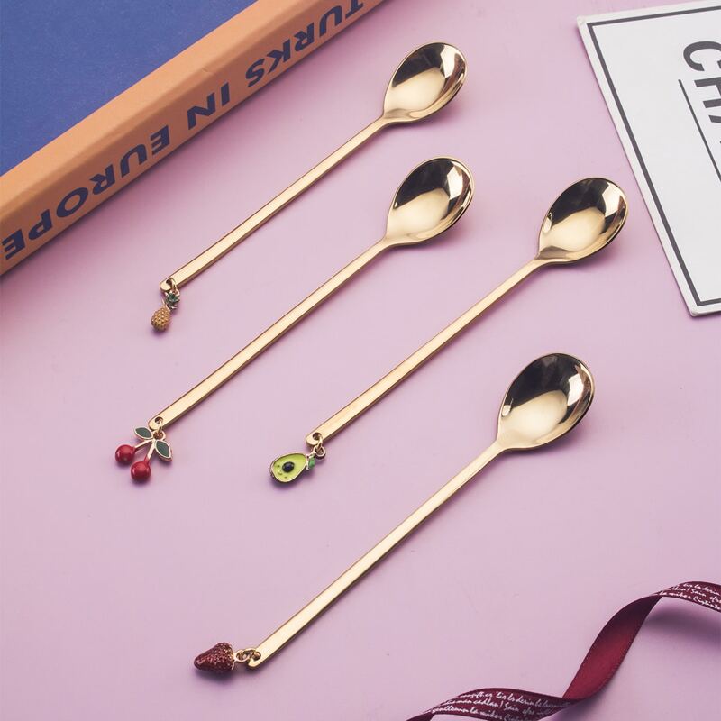 

4pcs Fruit Pendant Spoon, Gold
