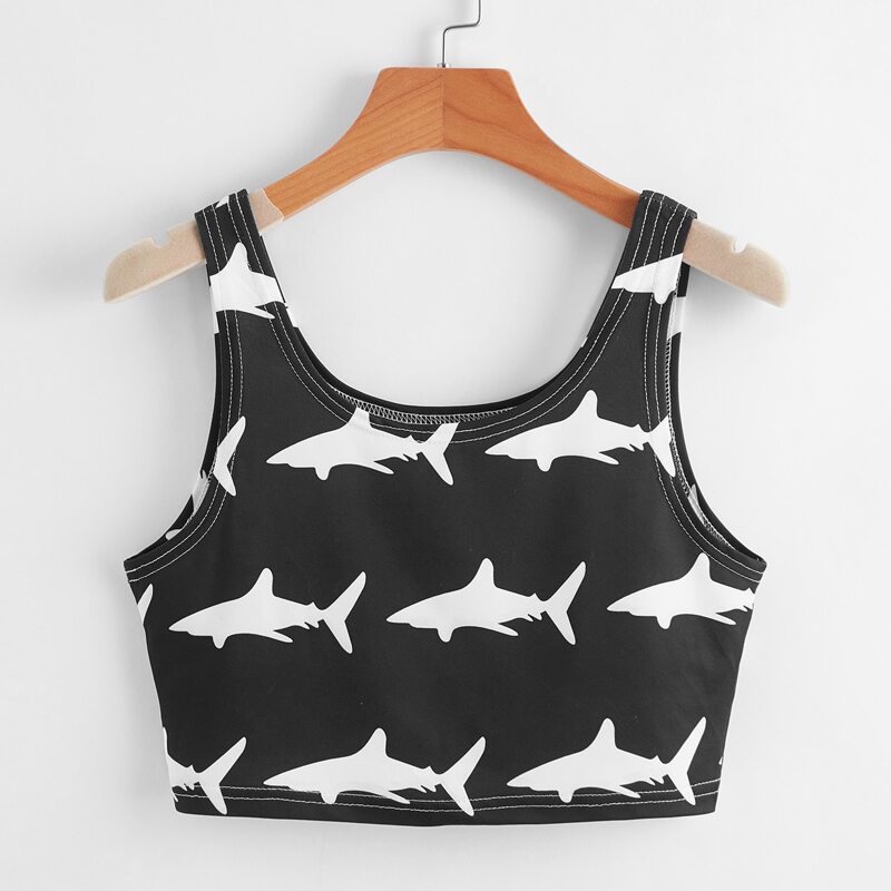 

Dolphin All Over Print Crop Tank Top, Black and white