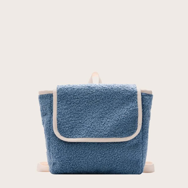 

Girls Contrast Piping Flap Fluffy Backpack, Blue