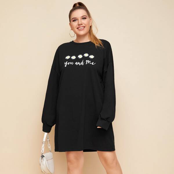 

Plus Floral & Letter Graphic Sweatshirt Dress, Black