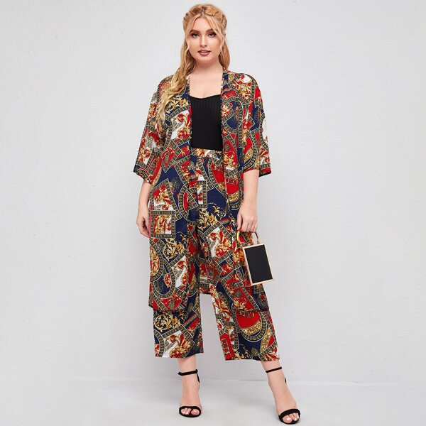 

Plus Drop Shoulder Scarf Print Coat & Palazzo Pants Set, Multicolor