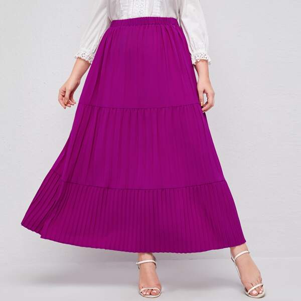

Plus Elastic Waist Pleated Hem Tiered Skirt, Bright red violet